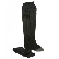 Socks/ Leg Warmers - Knitted Leg Warmers w/ Drawstring Pompom - Black - SK-F1005BK